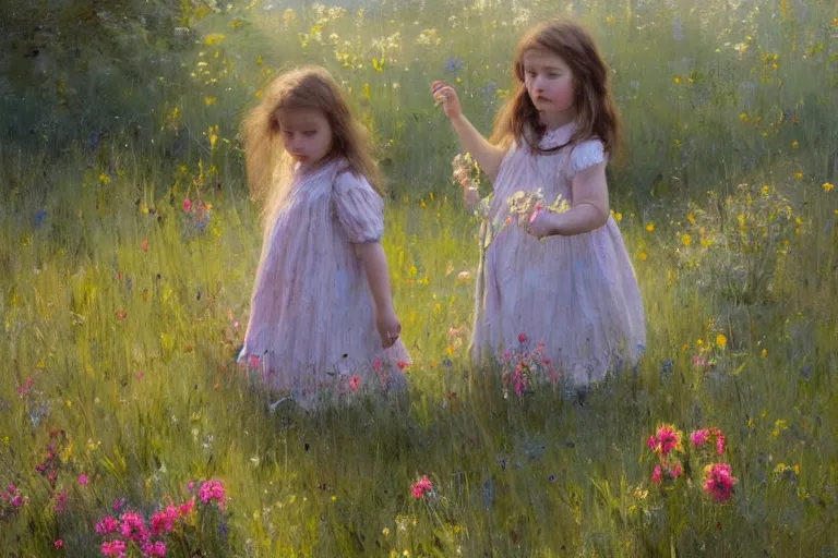 Image similar to little girl in summer dress, plucking wild flowers, sunlight, jeremy lipking, joseph todorovitch