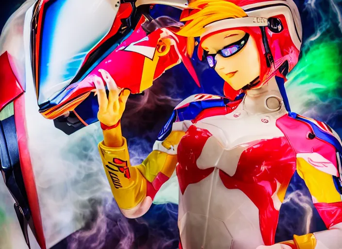 Image similar to extremely beautiful photo of a white marble statue of an anime girl with colorful motocross logos and motorcycle helmet with closed visor, colorful smoke in the background, carved marble statue, fine art, neon genesis evangelion, virgil abloh, offwhite, denoise, highly detailed, 8 k, hyperreal