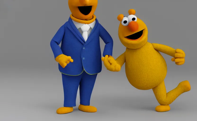 Prompt: 3 d render of bert from sesame street in a smoking suit