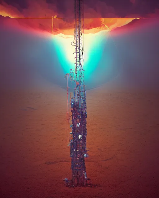 Image similar to a glowing female spirit of mother nature screams out in agony. drilling rigs bore into the earth in the background. wide shot, detailed, sharp, 8 k, award winning digital art by beeple.