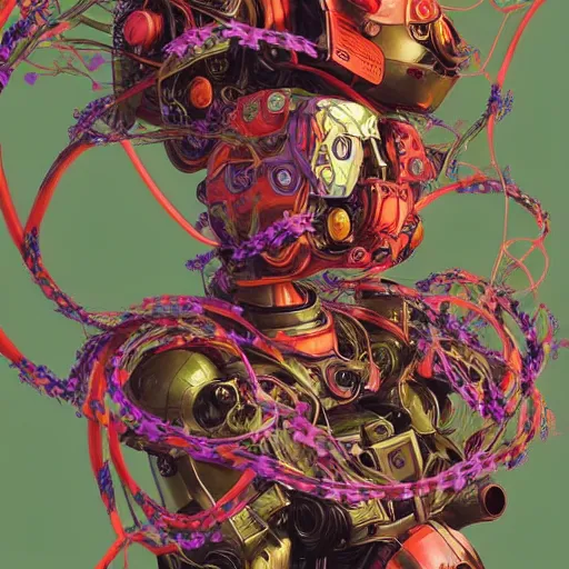 Prompt: colourful vfx art - portrait of army mecha robot wrapped in flowers & vines, art by utagawa kunisada, volumetric light, ray tracing, sharp, detailed, digital painting, illustration, highly detailed, intricate detail, unreal engine, octane render, pinterest, behance, art station,