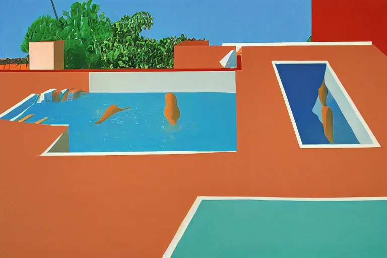 Prompt: david hockney A Bigger Splash (1967) painting of a brutalist military compound