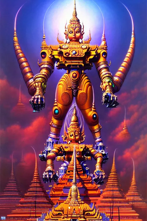 Prompt: a giant thai hindu architecture mecha, tim hildebrandt, wayne barlowe, bruce pennington, donato giancola, trending on artstation, cinematic composition, beautiful lighting, hyper detailed, 8 k, oil on canvas