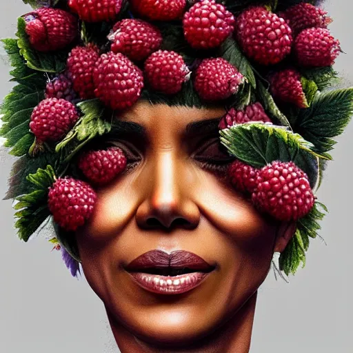 Image similar to a pile of wild berries that looks exactly like halle berry, face made of berries! digital painting by arcimboldo