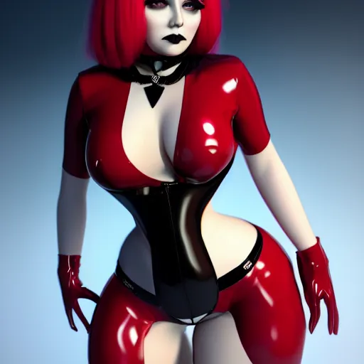 Image similar to a curvy feminine pale goth cutie with a thin waist in an elaborate red latex-leather-rubber tight neck-high outfit, cgsociety, photorealistic, sublime ambience, 16k, smooth, sharp focus, trending on ArtStation, volumetric lighting, fully clothed, worksafe