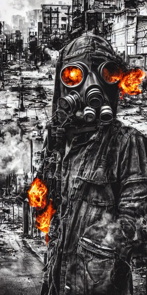 Image similar to post - apocalyptic city streets, close - up shot of an anarchist with a gasmask, burned cars, explosions, colorful smoke, hyperrealistic, gritty, damaged, dark, urban photography, photorealistic, high details