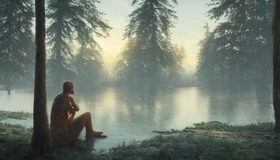 Prompt: Sad wooden giant sitting at the edge of a lake in a forest with giant trees illuminated by the sun, hyperdetailed, artstation, cgsociety, 8k