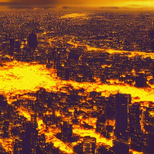 Image similar to a city in flames, yellow sky, 8k resolution