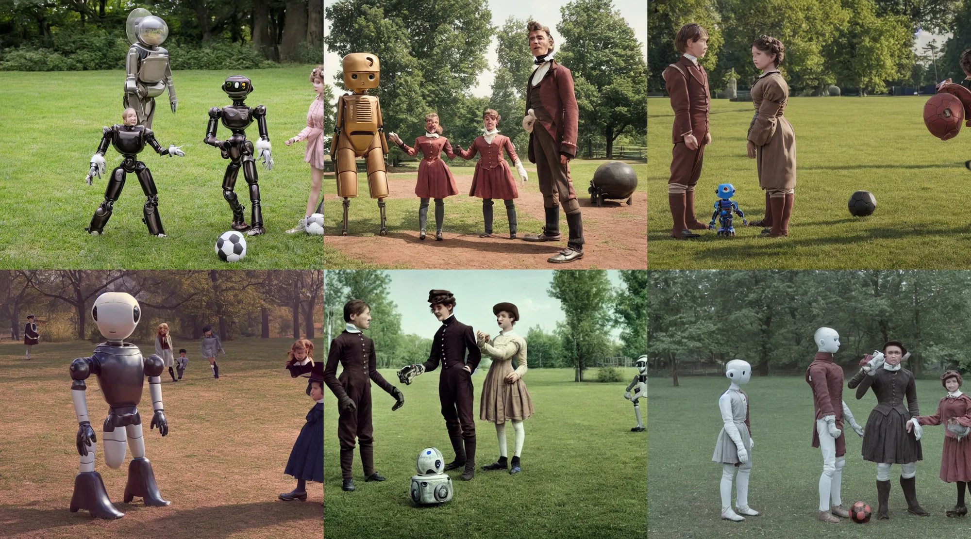 Prompt: detailed, sharp, a boy and a girl and with their cute pet humanoid robot are playing soccer, wearing 1850s era clothes, in a park on a strange alien planet, extremely highly detailed, in focus faces, 70 mm still from a classic period sci fi color movie, 4k, HD, cinematic lighting
