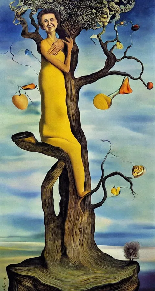 Image similar to Marie Curie hugging a tree, surreal oil painting by Salvador Dalí