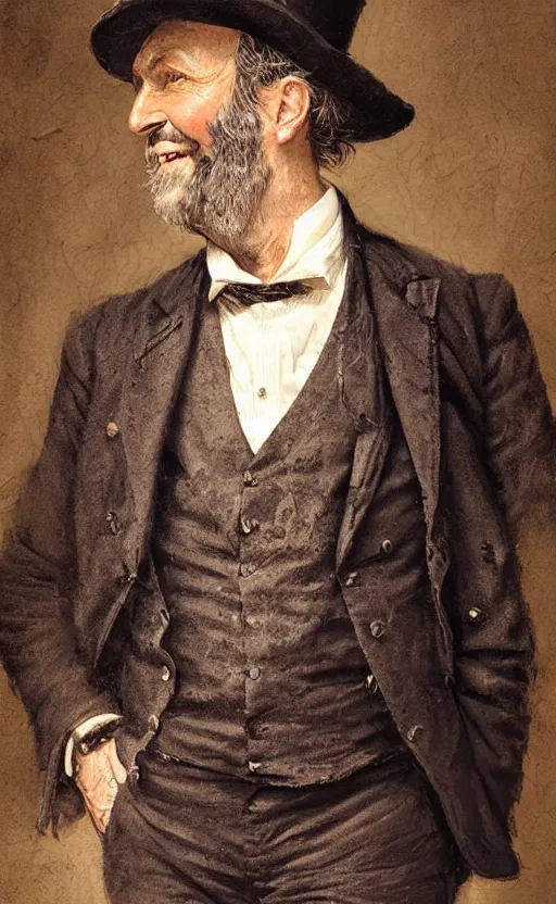 Prompt: Portrait of happy middle aged victorian gentleman wearing a waistcoat, male, detailed face, 19th century, cheerful, highly detailed, cinematic lighting, digital art painting by greg rutkowski