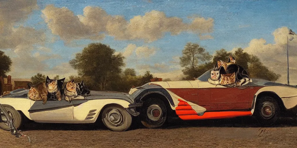 Image similar to corvette with cats sitting in and on the car, old dutch painting, golden hour, shadows, wide shot