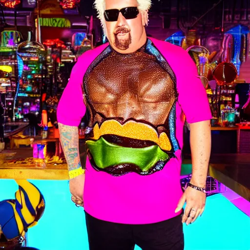 Prompt: guy fieri covered in chocolate wearing a neon colored mesh crop top and pit vipers