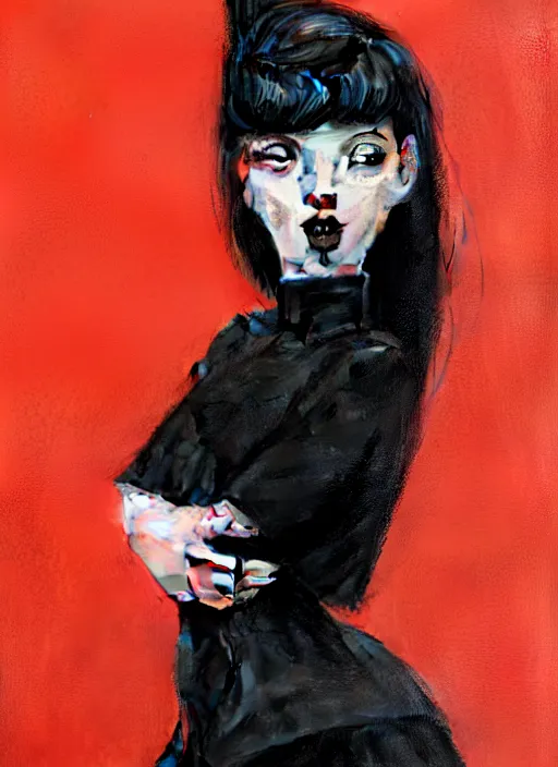 Image similar to portrait of a fun young woman with a crooked nose and a confident expression, 1 9 6 0 s, black clothes, goth, punk, brightly coloured hair, funk, intricate, elegant, highly detailed, digital painting, artstation, concept art, smooth, sharp focus, illustration, art by wlop, mars ravelo and greg rutkowski