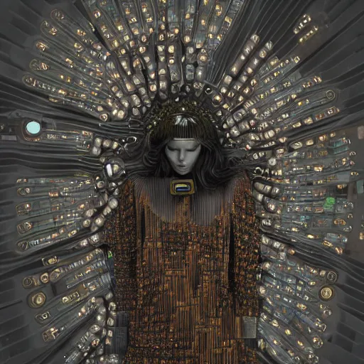 Image similar to tapping in to something greater, piles of modular synth cables, goddess laying down wearing a headpiece made of circuit boards, by cameron gray, wlop, stanley kubrick, masamune, hideki anno, unique perspective, trending on artstation, 3 d render, smooth render