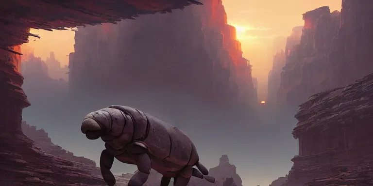 Prompt: epic low angle shot of a manatee mech standing in a canyon landscape surrounded by machines, sunset, greg rutkowski, digital painting, moody