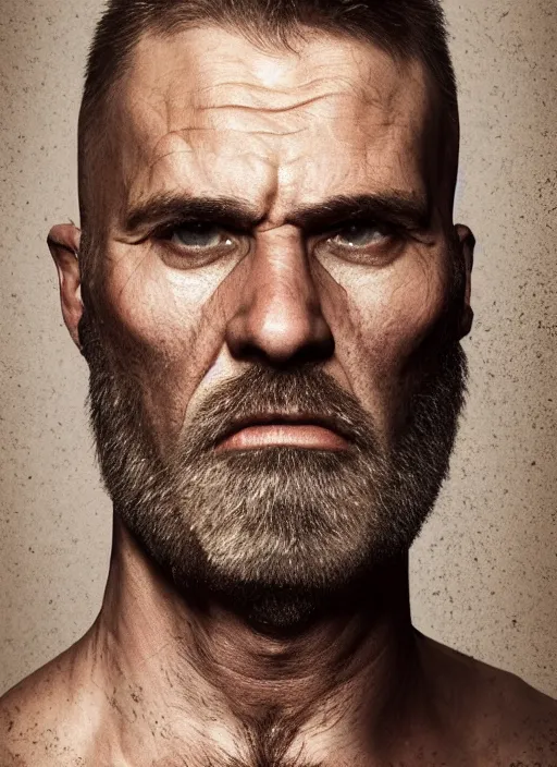 Image similar to a portrait picture of a rough looking middle - aged man, crew cut, brown hair, rugged good looks, serious face, stubble beard, scar on the cheek, highly detailed, digital art, realistic, 4 k, studio lighting, trending on artstation