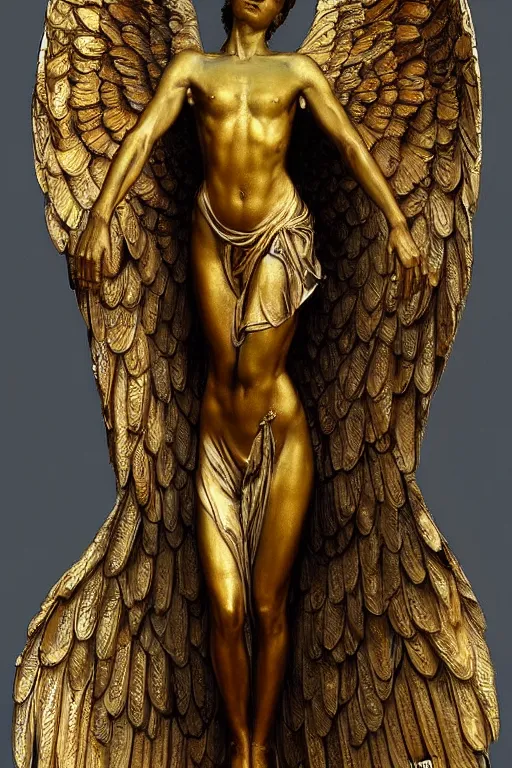 Image similar to realistic detailed statue the holy sacred mechanic angel with ethereal golden wings, made by Karol Bak, Mark Brooks and Bernini. Rich colors. Beksinski and Gerhard Richter painting. Masterpiece