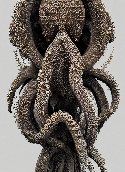 Image similar to portrait of a futuristic geisha octopus cyborg, made from million point clouds, in the style of ghost in the shell, kintsugi, modern fine art, fractal, intricate, elegant, highly detailed, digital photography, subsurface scattering, by jheronimus bosch and greg rutkowski,