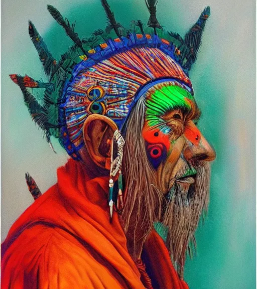 Image similar to Portrait painting in a style of Beksinski mixed with Alex Grey of an old shaman dressed in a colorful traditional clothes.