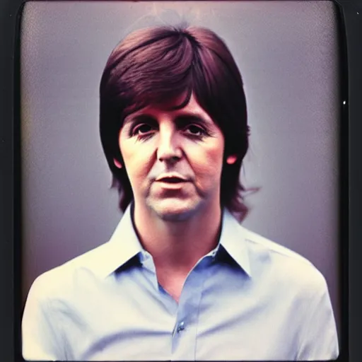 Prompt: Polaroid Portrait of a younger 1970s Paul McCartney, taken in the 1970s, photo taken on a 1970s polaroid camera, grainy, real life, hyperrealistic, ultra realistic, realistic, highly detailed, epic, HD quality, 8k resolution, body and headshot, film still, front facing, front view, headshot and bodyshot, detailed face, very detailed face, by Andy Warhol