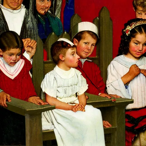 Prompt: child in church nativity play, single subject, clear face, norman rockwell