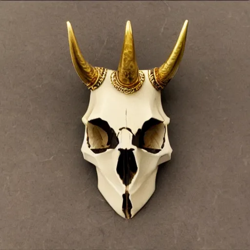 Image similar to horned bull skull : : artifact, made of gold and jewels : :