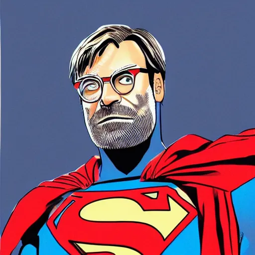 Image similar to Jürgen Klopp wearing a superman custom by Bryan Hitch, comic, dramatic, 4k, trending on artstation