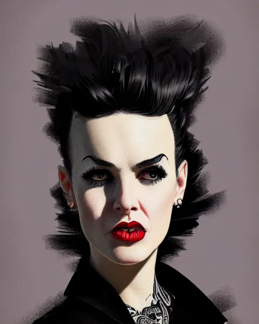 Prompt: portrait of a punk rock woman with a crooked nose and a confident expression, 1 9 5 0 s, punk rock clothes, punk, rockabilly hair, funky, intricate, elegant, highly detailed, digital painting, artstation, concept art, smooth, sharp focus, illustration, art by wlop, mars ravelo and greg rutkowski