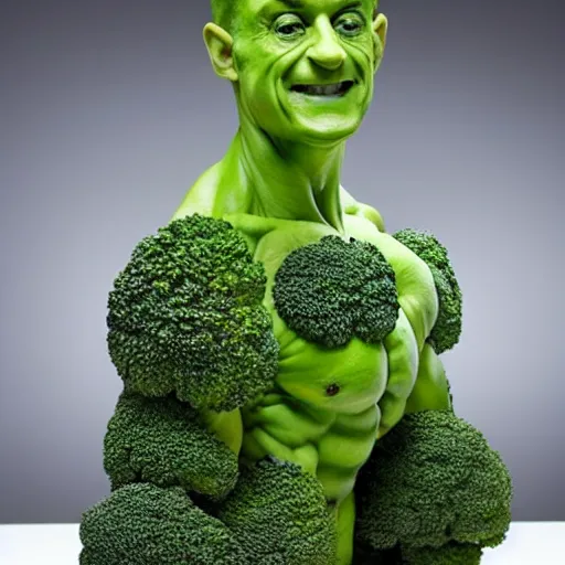 Prompt: a posing bodybuilder sculpture made entirely from broccoli, head of broccoli