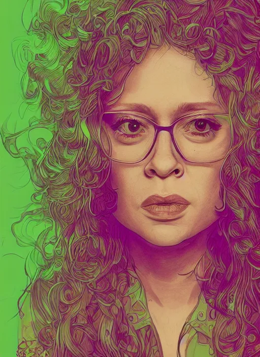 Image similar to closeup portrait of natasha lyonne, an ultrafine detailed illustration by james jean, intricate linework, bright colors, final fantasy, behance contest winner, vanitas, angular, altermodern, unreal engine 5 highly rendered, global illumination, radiant light, detailed and intricate environment