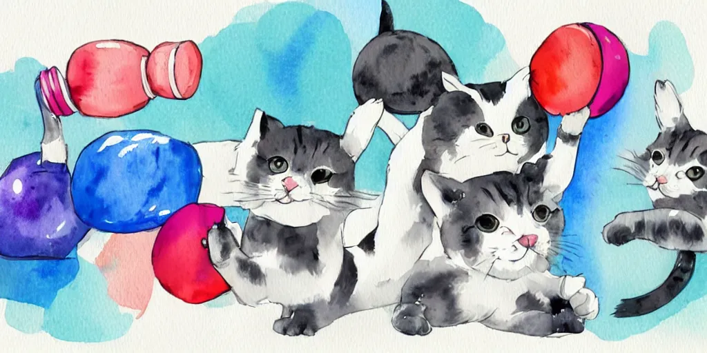 Image similar to watercolor illustration style, cute! cats!! training in the fitness studio with sports equipment!