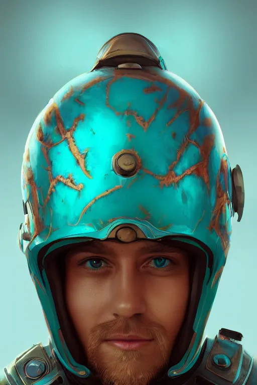 Image similar to turquoise helmet, Pilot's breathing mask, fantasy, magic, ultra detailed, digital art, trending on artstation, illustration