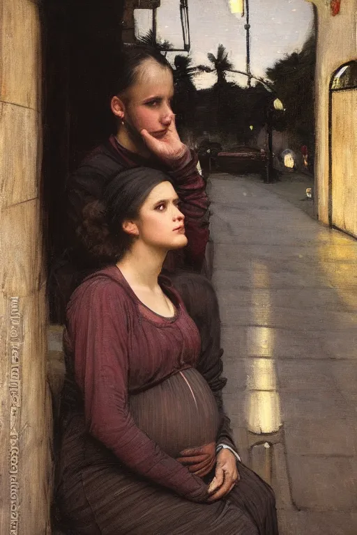 Prompt: pregnant woman under street light by john william waterhouse and Edwin Longsden Long and Theodore Ralli and Nasreddine Dinet, oil on canvas. Cinematic, hyper realism, dramatic lighting, high detail 4k