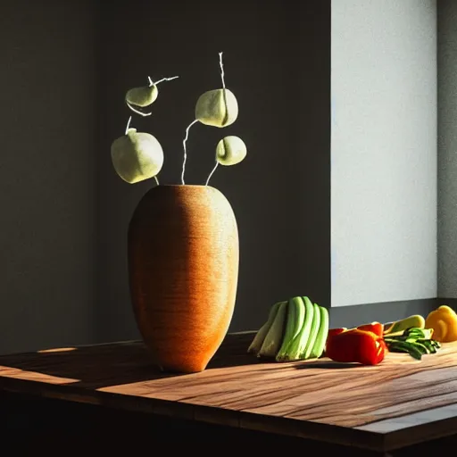 Image similar to a large vase sitting on top of a wooden table, medieval concept art, cinematic lightning and colors, featured on cg society, photorealism, vray tracing, rendered in unreal engine, photorealistic, vegetables on table and candle, dark lightning, contrast shadows