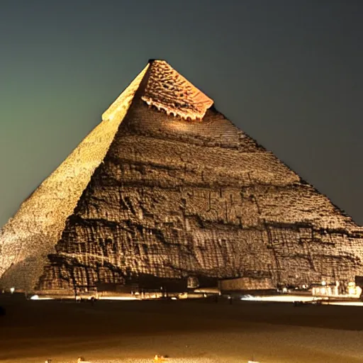 Prompt: a hologram of Kanye West projected on top of the Great Pyramids of Giza at night.