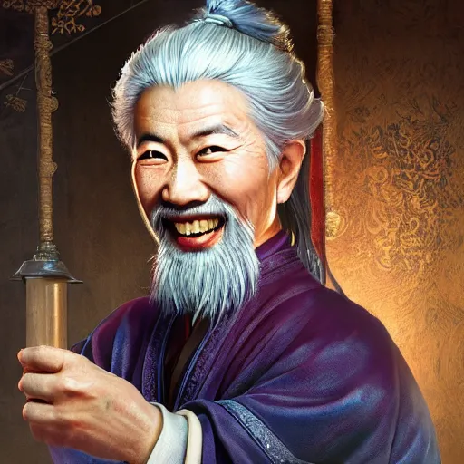 Image similar to portrait painting of a 6 0 year old kind smile handsome chinese taoist priest, like zun long, silver ponytail hair, amiable by wenjun lin, irakli nadar, bright colors, octopath traveler, wenjun lin, unreal engine 5 highly rendered, global illumination, radiant light, detailed and intricate environment