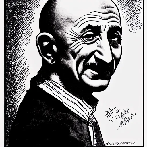 Prompt: ben kingsley's head is an ice cream ball in an ice cream cone. caricature, colorful ink, by moebius