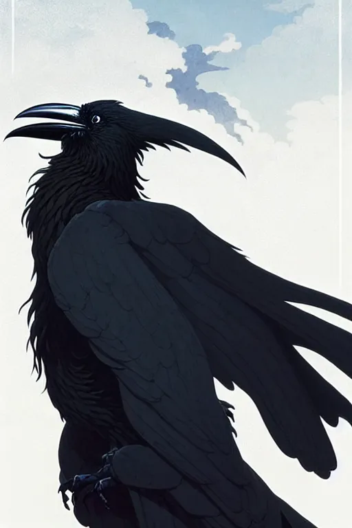 Image similar to raven headed warlock doing magic spells wind, white robes, finely detailed perfect face, exquisite details, mid view, design on a white background, by studio muti, greg rutkowski makoto shinkai takashi takeuchi studio ghibli