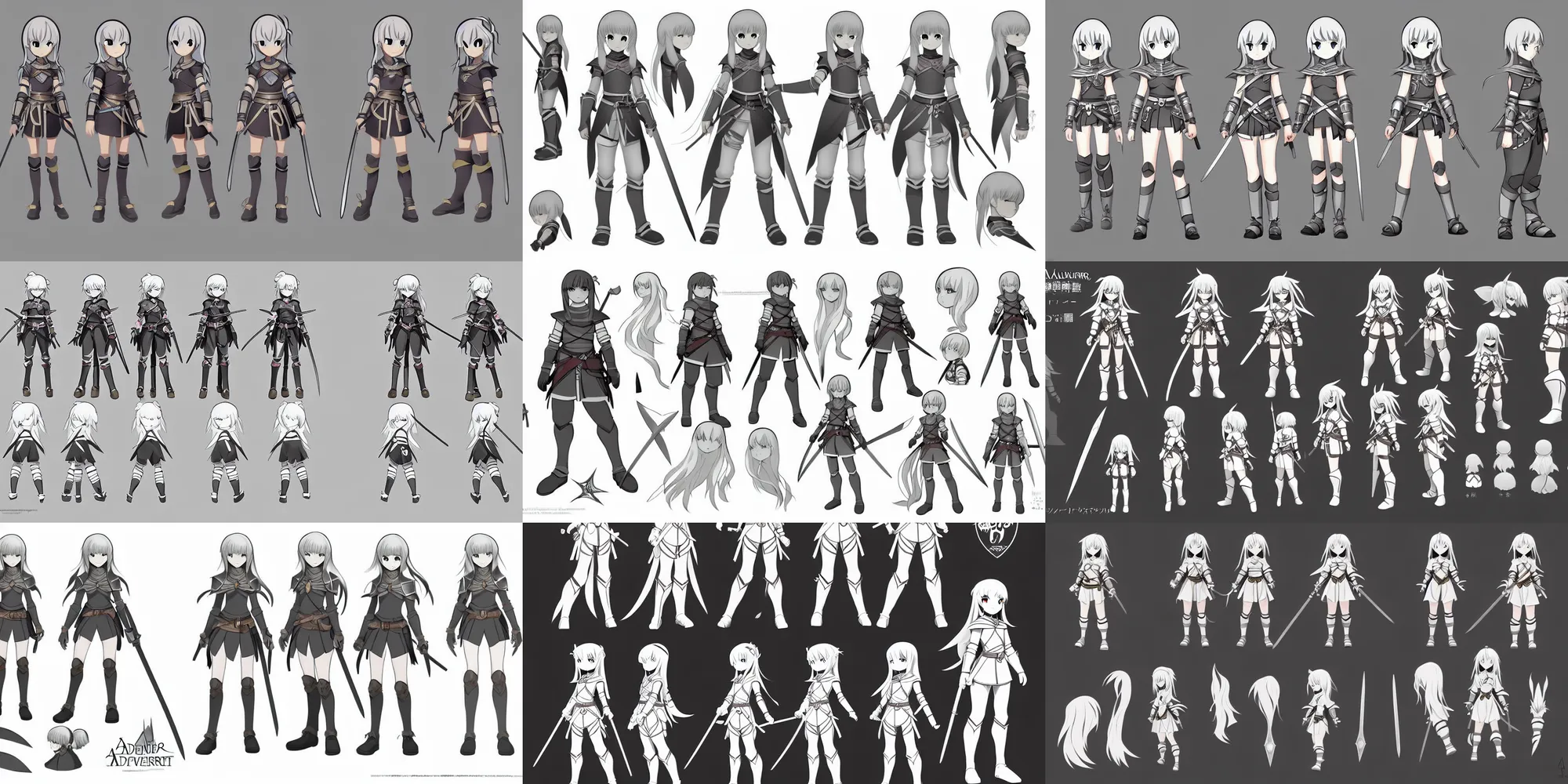 Prompt: a adventurer little girl knight character anime model sheet; in the mystical fantasy anime; character design concepts; trending on artstation, popular on pinterest, highly detailed, clean lines, clear shapes