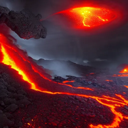 Image similar to cataclysm with a huge storm and rivers of lava, fantasy, concept art, artstation, hd 4 k