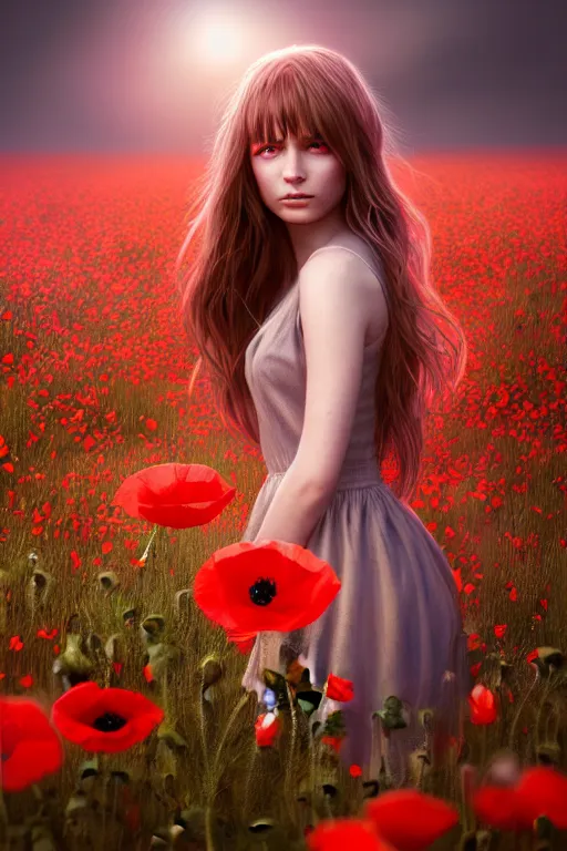 Prompt: epic Beautiful art portrait of a light elemental girl in a poppy' field , atmospheric lighting, intricate detail, cgsociety, hyperrealistic, octane render, RPG portrait, ambient light, dynamic lighting