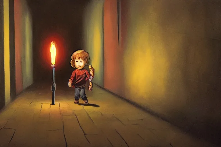 Prompt: art of a small child carefully holding a torch through a hallway filled with nightmarish monsters