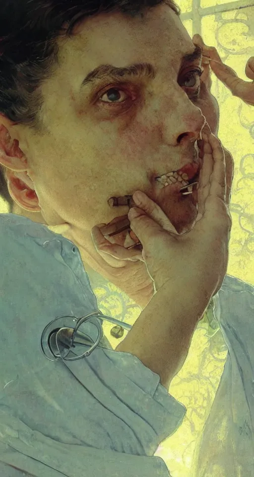 Prompt: close up of a doctor taking off their mask, sun shining, photorealistic illustration by greg rutkowski, thomas kindkade, alphonse mucha, loish, norman rockwell.