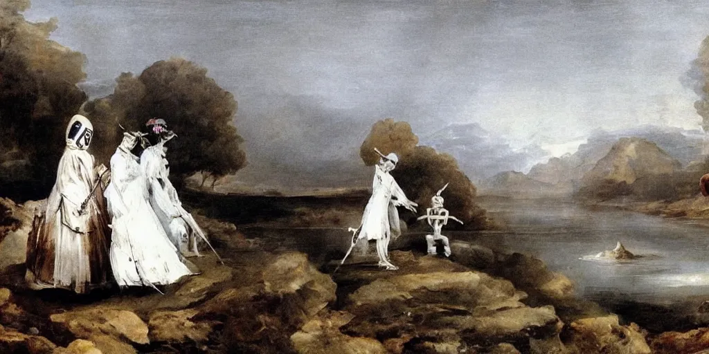 Image similar to hyperrealismBaptism on the river girls in white capes and robot skeletons landscape in style of Goya