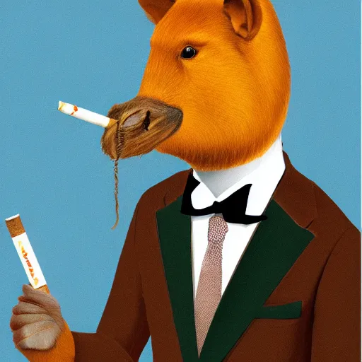 Image similar to a high detail photo of an antropomorphic capybara wearing a suit smoking a cigarrette, subject= duck, subject detail: wearing a suit, subject action: smoking a cigarrette photorealism