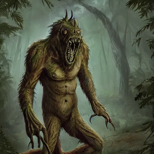 Image similar to werecreature consisting of a human and crocodile in a forest, trending on artstation