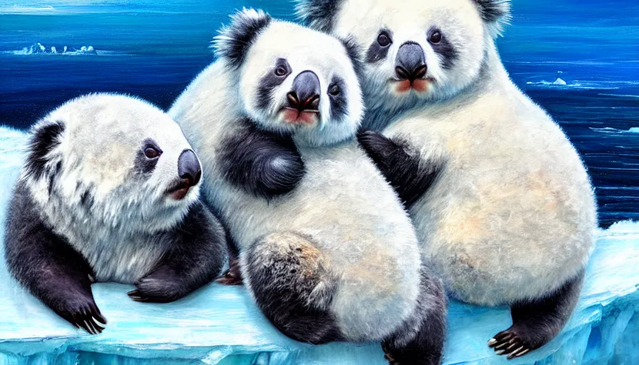 Prompt: highly detailed painting of cute furry white baby seal panda koalas cuddling into each other on a blue and white iceberg by william turner, by greg rutkowski, by william constable, thick brush strokes and visible paint layers, 4 k resolution