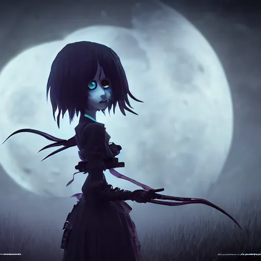 Prompt: full shot of angry darkness cute anime girl at moonlight, gothic wearing, inspired by Tim Burton, Norihiro Yagi, Amano&, detailed, unreal engine 4k volumetric light, fog,