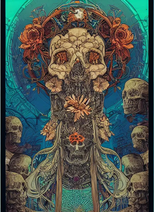 Image similar to the oracle of ancient wisdom surrounded by floral skulls, italian futurism, da vinci, dan mumford, josan gonzalez